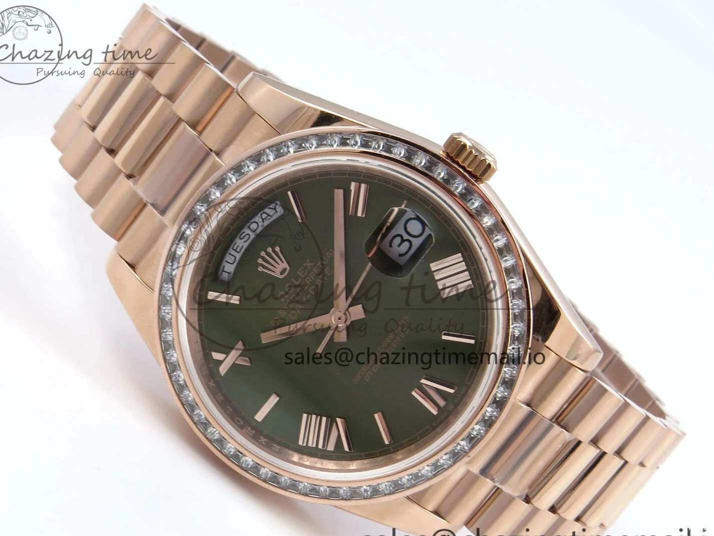 MiroTime 0310 Trendsetting DayDate 40 RG QF 1:1 Best Edition Green Roman Dial Diamonds Bezel on President Bracelet A2836 V5 (Gain Weight) 468